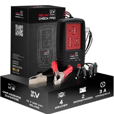 Image de LAUNCH RelayCheck Pro : testeur de relais 12 V/24 V pour voitures et camions, détection automatique des broches pour connecteurs à 4 ou 5 broches, test des contacts sous charge, codes d'erreur LED et étui