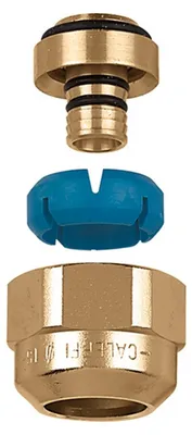 A disassembled plumbing fitting on a white background.