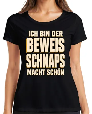 Productafbeelding van "Ik ben het bewijs: alcohol maakt het leven leuker. Feest, gezelligheid, drinken. Dames T-shirt, zwart, maat S."