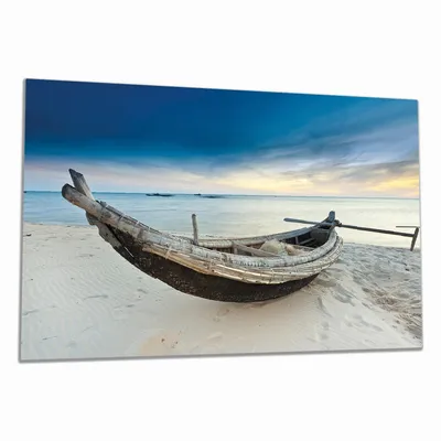 Produktbild von Wallario Herdabdeckplatte aus Glas, Größe 90 x 52 cm 1-teilig, Motiv Fischerboot am Strand mit Sonnenuntergang