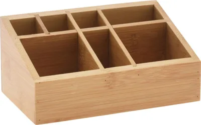A bamboo organizer with seven compartments.