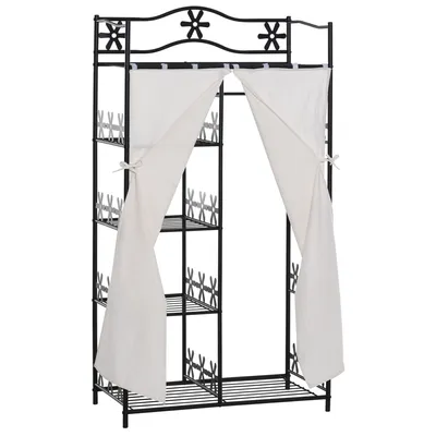Image de Armoire HOMCOM avec plusieurs espaces de rangement, 5 étagères, 84 L x 42 l x 159 H cm, métal noir, motif floral, 2 rideaux blancs