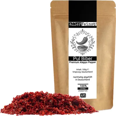 Produktbild von Pul Biber Premium Aleppo Pepper - Hochwertige Gewürz-Chili - Flocken mit Rapsöl & Meersalz - 100g