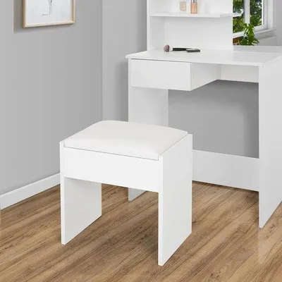 Imagen del producto de Mesa de maquillaje - Taburete - Asiento cómodo - Cojín de asiento acolchado - 40 x 43 cm - Blanco