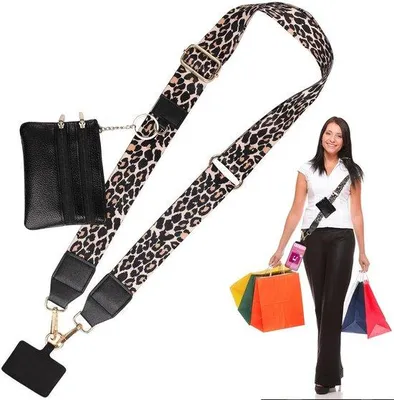Immagine prodotto di Catena universale per smartphone Unyqoos® con motivo leopardato, regolabile – Porta smartphone con tasca con zip per carte e denaro