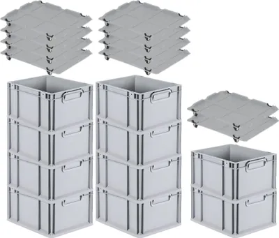 Produktbild von SparSet 10x Eurobox NextGen Economy mit Auflagedeckel und 4x Schiebeschnappverschlüsse Schwarz | Griffe geschlossen | HxBxT 22x30x40cm | 20 Liter | Eurobehälter, Transportbox, Transportbehälter, Stapelbehälter