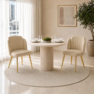 Productafbeelding van Flieks eettafelsstoelen, set van 2, met gebogen rugleuning, verstelbare poten en een goudkleurige frame. Beklede stoelen, geschikt voor de keuken, bruin