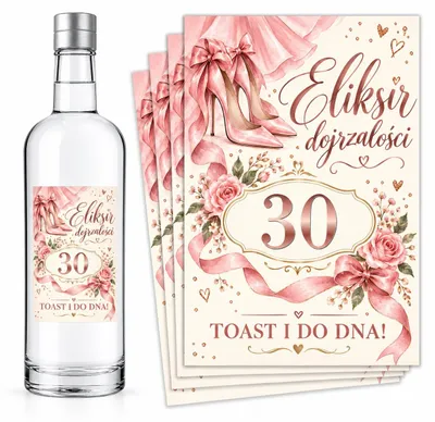 Produktbild von Flaschenetiketten – zum 30. Geburtstag – „Eliksir Dojrzałości” – Rosa – #143 – 8 Stück