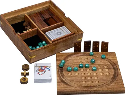 Produktbild von WANDERLUST DECO Hra 5 v 1 (3 v rade+domino+kocky+2 karty+solitaire) v hnedej drevenej škatuli 23x23xh cm