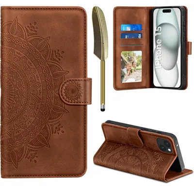 Productafbeelding van Telefoonschaal iPhone 15, leren flippercase, donkeroranje