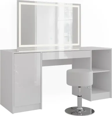 Produktbild von Schminktisch Vicco Sherry Weiß/Weiß Hochglanz 158.2 cm mit LED-Spiegel und Hocker, Model 57648
