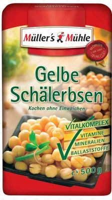 A bag of yellow split peas with nutritional information highlighted.