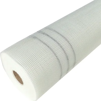 A roll of white fiberglass mesh fabric with gray stripes.