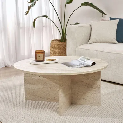 Image de Simbario - Table de Salon, 90x90x40h cm, Blanc Marbre, Forme Ronde