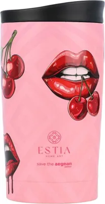 Image de ESTIA | Mug isotherme - Mug à café - 350 ml - Mug thermos - beige rouge - en acier inoxydable - Mug - Cerises