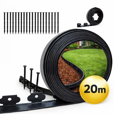 Produktbild von 20 m Rasenkante Flexible Gartenkante Höhe 6 cm Kunststoff Rasenbegrenzung Set mit Befestigungsnägeln Beeteinfassung Grasabtrennung Mähkante Schwarz
