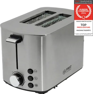 Produktbild von TZS First Austria Toaster | Edelstahl | 2 Scheiben | 850W | 7 Stufen | Warmhaltefunktion | abnehmbarer Brötchenwärmer | Krümelschale
