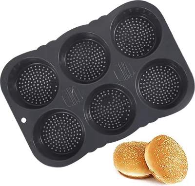 Produktbild von Silikon-Brötchenform mit Löchern, 10 cm Durchmesser, perforiert, antihaftbeschichtet, für knusprige, runde Brötchen.