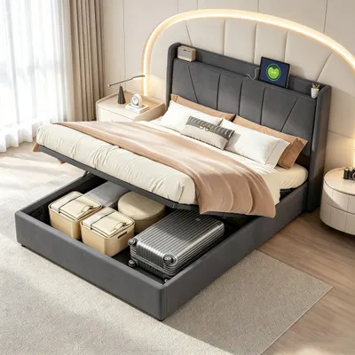 Produktbild von INONEFT 140 × 200 cm Hydraulikbett, gepolstertes Bett mit Stauraum und Lattenrost, mit USB-Ladeanschlüssen und gepolsterter Rückenlehne, Leinenbezug