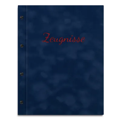 Produktbild von Zeugnismappe im blauen Samteinband mit hochwertiger Beschriftung in rot – handgefertigte Mappe für Zeugnisse inkl. 12 Sichthüllen