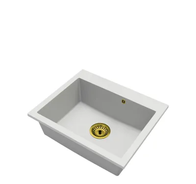 A white sink with a gold drain.