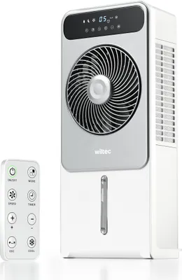 Produktbild von Wiltec Luftkühler 28 W mit Wasserkühlung 5 l Tank, mobiler Air Cooler mit Fernbedienung, tragbares Klimagerät mit 12 Geschwindigkeitsstufen