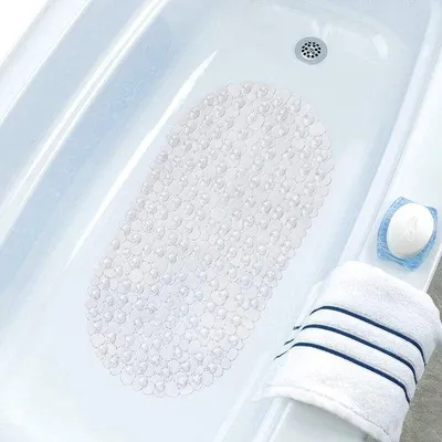 Image de Tapis de douche antidérapant avec ventouses, aspect pierre, forme ovale allongée