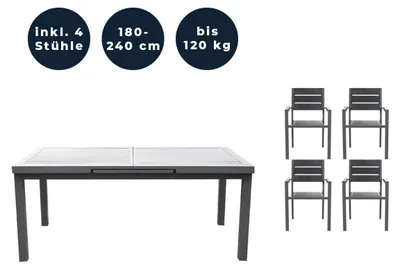 Produktbild von HOME DELUXE - Gartentisch ausziehbar - CALIDO - ca. 180 (240) x 97,5 x 76,5 cm - inkl. 4 Stühlen, Gestell Aluminium, Tischplatte Glas - inkl. Zubehör I Gartenmöbel Ausziehtisch Balkonset