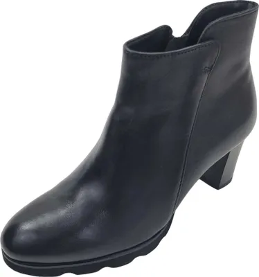 A black ankle boot with a heel is shown against a white background.
