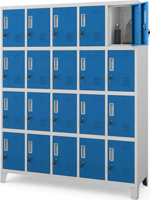 A metal locker unit with 20 blue compartments, one of which is open showing a bottle and a bag.