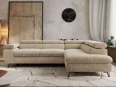Produktbild von Couch mit Schlaffunktion L-form Ecksofa mit Topper T25 Wohnzimmersofa mit Einstellbare Kopfstützen - PABLO L - Schenille grob - Beige - Rechts