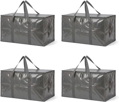 Produktbild von 4 Aufbewahrungstaschen mit Deckel, je 92L, faltbare Taschen für den Umzug – grau, wasserdicht und mit Reißverschluss für Transport und Lagerung