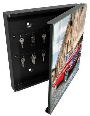 Produktbild von Schwarzer Schlüsselschrank aus Metall 30 x 30 cm - Schlüsselbox zur Wandmontage mit Tür - rechts öffnender Schlüsselkasten - praktische Schlüsselaufbewahrung für Zuhause - Retro-Auto, KI-generiertes Bild