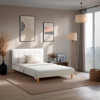 Image de Homestyle4u Lit rembourré 140x200 cm avec sommier à lattes Lit double avec dossier Bouclé Beige