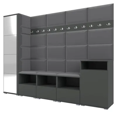 Obrázek produktu pro Šatní skříň NELA XI 250 cm – modulární nábytek do předsíně, grafitová barva se zrcadlem a sedákem v tmavě šedé barvě 15 (velká sada)