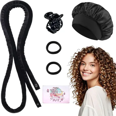 Produktbild von Lockenwickler für Locken über Nacht ohne Hitze, kleine Locken ohne Hitze, Lockenband für Übernacht-Locken, 5-teiliges Lockenwickler-Set mit Schlafmütze für mehr Volumen bei langem Haar (Schwarz)