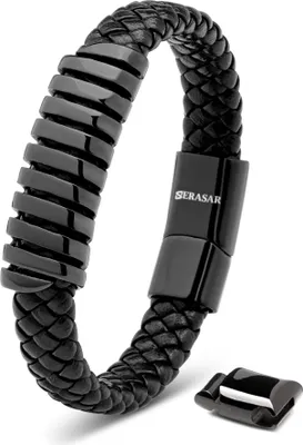 Produktbild von SERASAR | Lederarmband für Männer [Helix] mit Schwarz Stainless Steel | Farbe: Schwarz | Länge: 17cm