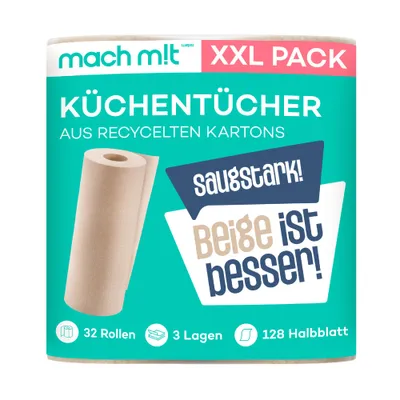 Produktbild von 32 x Küchenrolle 3-lagig - 128 Halbblatt pro Rolle – frei von Bleichmitteln –  Germany - aus recyceltem Karton