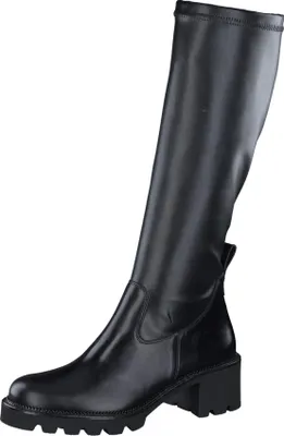 A black leather boot is shown against a white background.