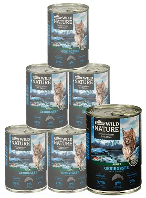 Produktbild von Dehner Wild Nature Katzenfutter Gebirgssee, Nassfutter getreidefrei, für ausgewachsene Katzen, Lachs / Forelle, 6 x 400 g Dose (2.4 kg)