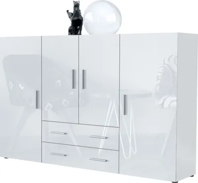 Produktbild von Vladon Highboard Nora Anrichte mit 2 Schubladen und 4 Türen mit insgesamt 8 Fächer dahinter, Weiß matt/Weiß Hochglanz (166,5 x 106,5 x 35 cm)