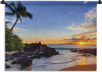 Produktbild von MuchoWow® Wandteppich Wandbehang Strand - Meer - Sonnenuntergang - Hawaii 60x45 cm Tapisserie Dekoration Wandtuch - Das Schlafzimmer
