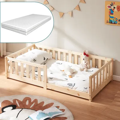 Obrázek produktu pro Dětská postel "Tanna" podlahová postel s matrací 80 x 160 cm Montessori postel s ochranou proti vypadnutí z podlahy přírodní borovicové dřevo