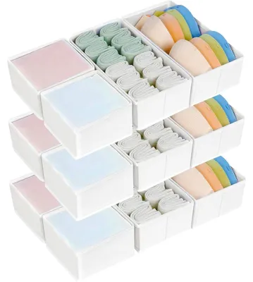 Productafbeelding van Ladenorganizer, 12 stuks, inklapbare opbergboxen, stof, wit. 6 grote en 6 kleine