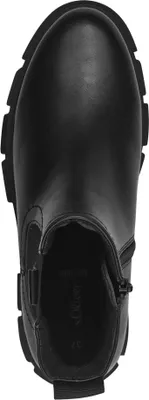 A top-down view of a black boot.
