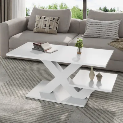 Productafbeelding van Merax glanzende salontafel van MDF, woonkamer tafel met X-frame design, salontafel met dubbel blad, tafel met slijtvaste viltglijders, wit