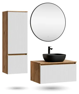 Produktbild von ARISA Badmöbel Set inkl. Hochschrank in Weiß Geriffelt – Mit Veluna LED Spiegel und schwarzem Keramik-Aufsatzwaschbecken 42 cm