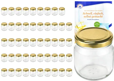 Produktbild von 50er Set Rundglas 212 ml nieder To 66 goldener Deckel Sturzgläser Einmachgläser incl. Rezeptheft