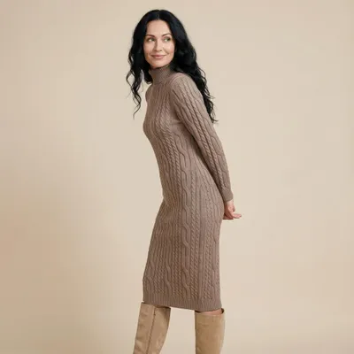 Produktbild von Strickkleid Lang Damen Maxikleid mit Zopfmuster Gr. 38 40 42 Langarm Rollkragen