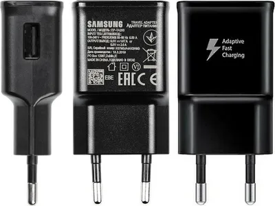 Three views of a black Samsung fast charger.